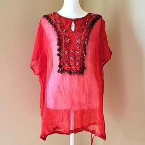 Chico's Short Sleeve 100% Silk Top Embellished Cinch Tie Waist Orange Pl…
